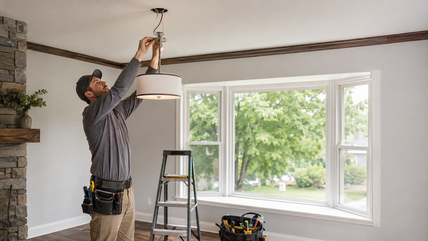 Electrician installing a ceiling light fixture near a window