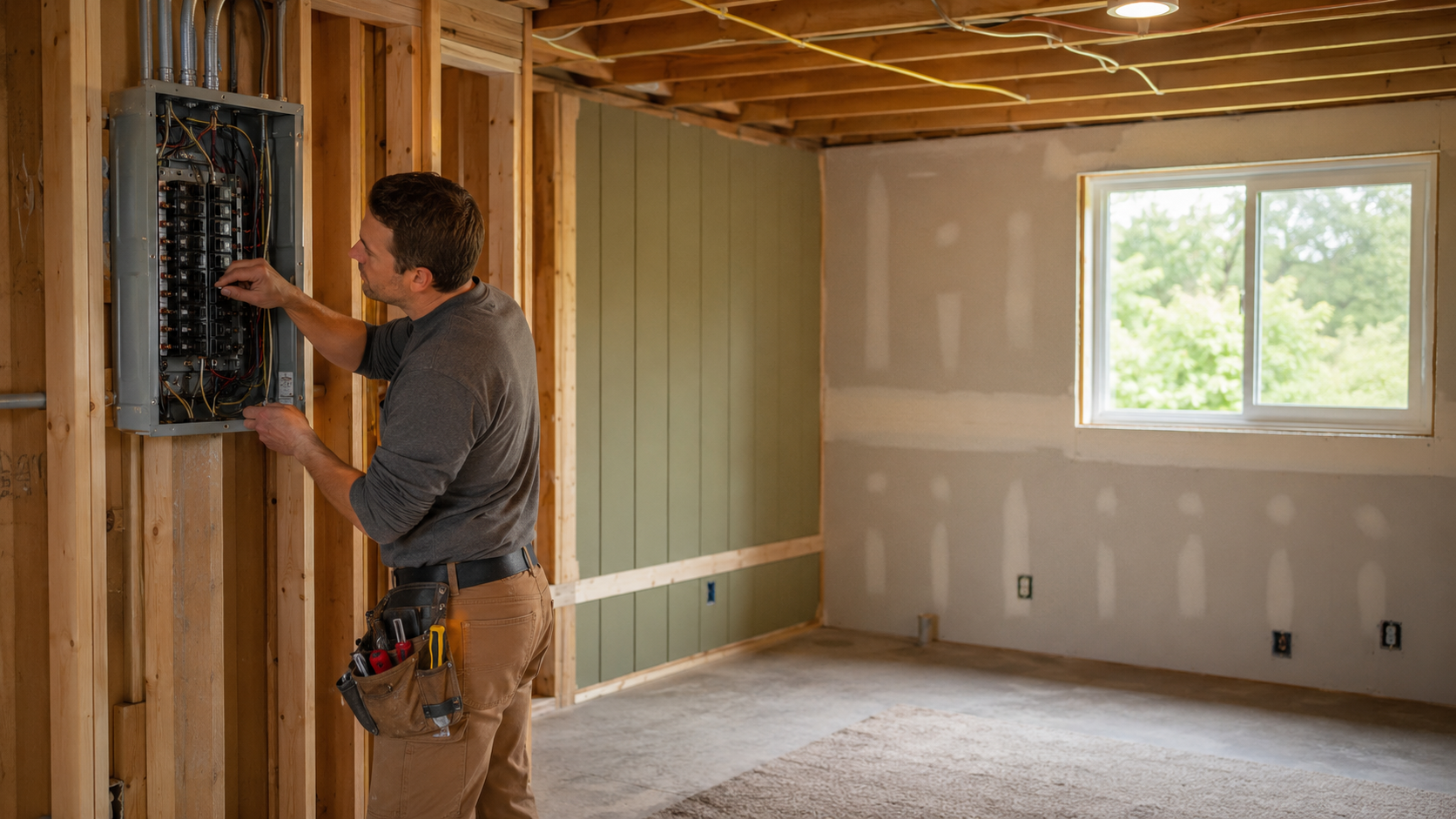 Electrician working in a garage space being converted in a Tennessee home